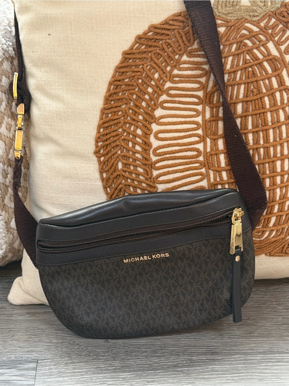 Michael Kors Dark Brown Monogram Belt Bag with Black Trim